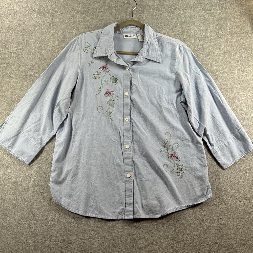 Blair Blue Collared Button Top Watermelon Rhinestone Design Size Medium